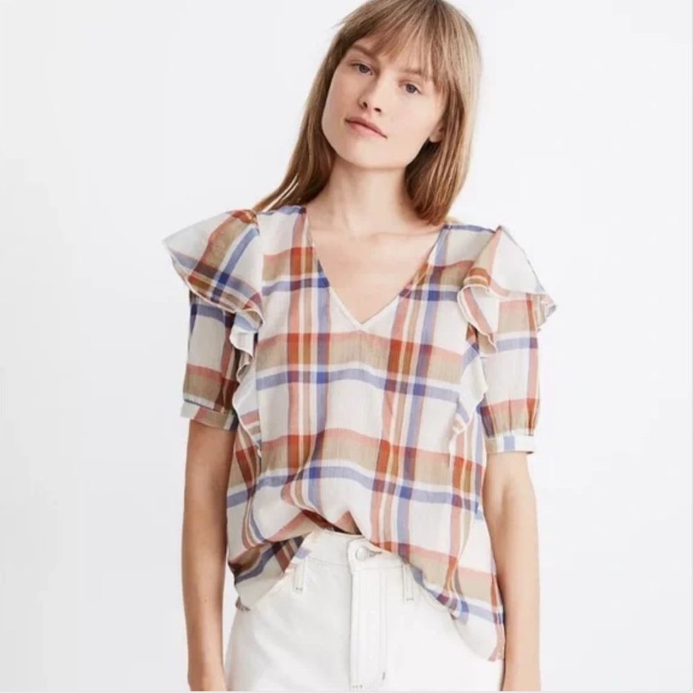 NWT XS Madewell Cream Plaid Shoulder-Ruffle Top